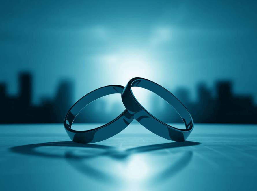 Close-up of wedding bands symbolizing marriage-based green card application.